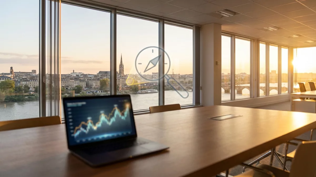 Consultant SEO travaillant sur un ordinateur portable avec des graphiques de référencement naturel à Bordeaux.