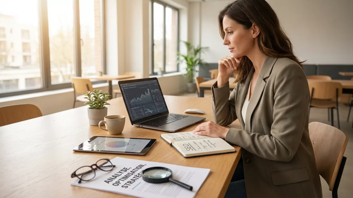 Un consultant SEO freelance analyse les performances d'un site web sur son écran d'ordinateur.