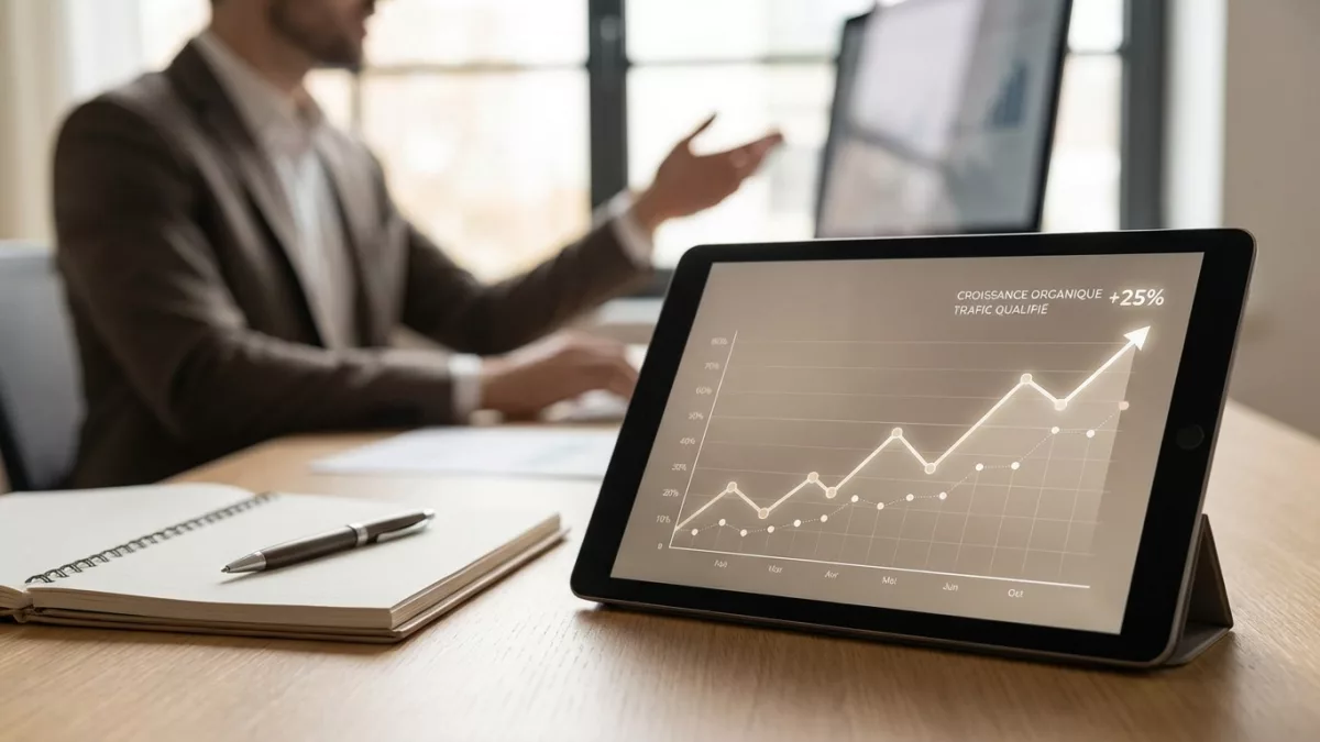 Graphique ascendant illustrant l'augmentation du trafic web grâce à une stratégie de référencement naturel efficace.
