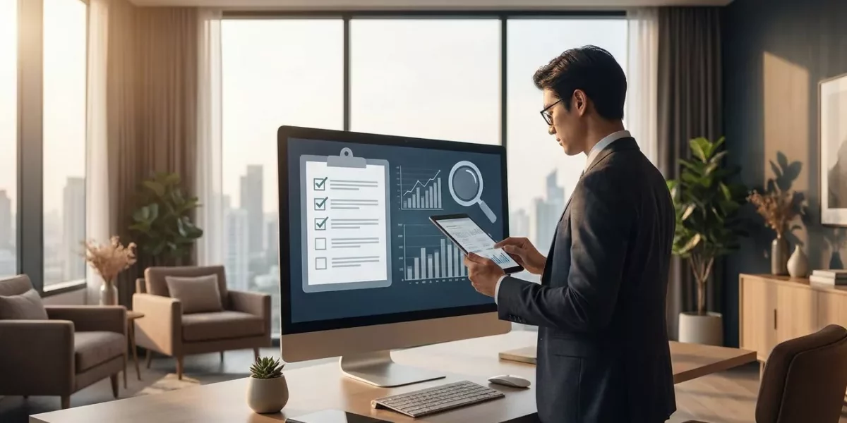 Audit SEO gratuit : checklist complète en 47 points – Image à la une Liste de contrôle détaillée sur un écran d'ordinateur illustrant un audit SEO complet.