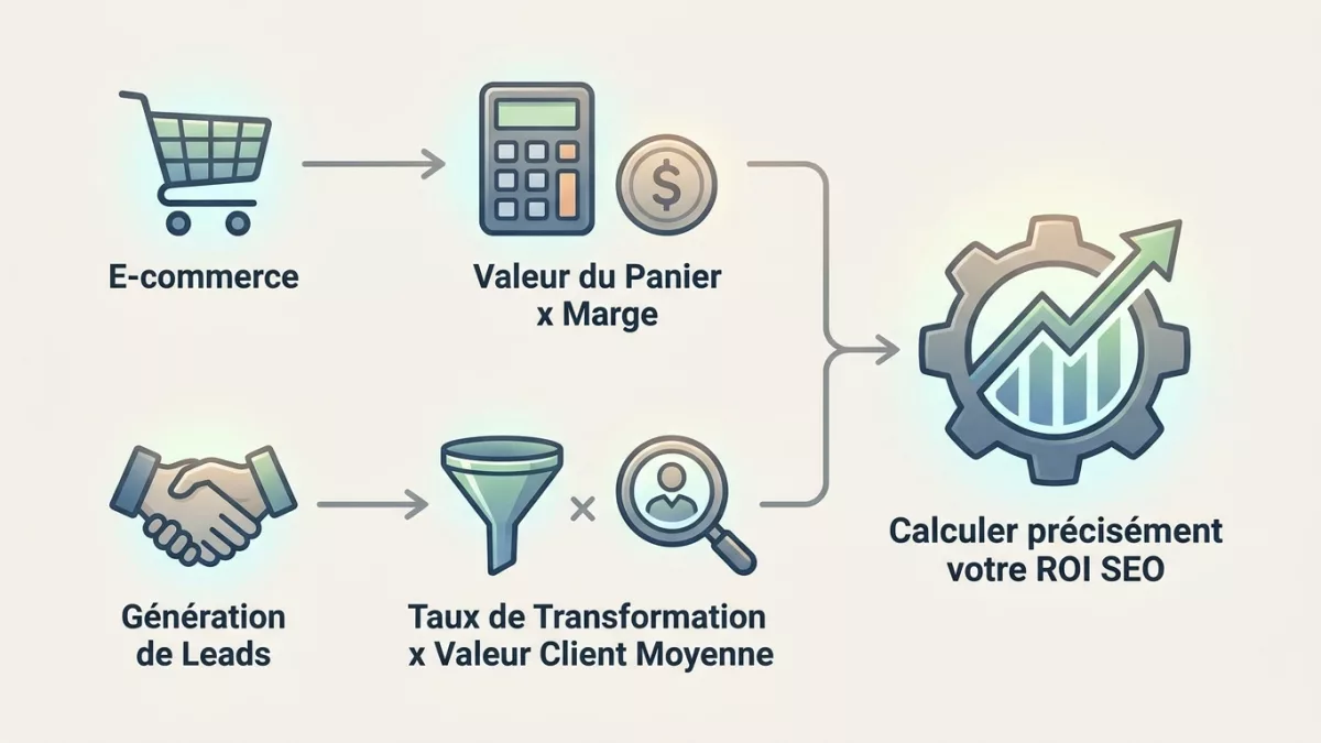Formule mathématique illustrant le calcul précis du ROI SEO pour l'e-commerce et la génération de leads.