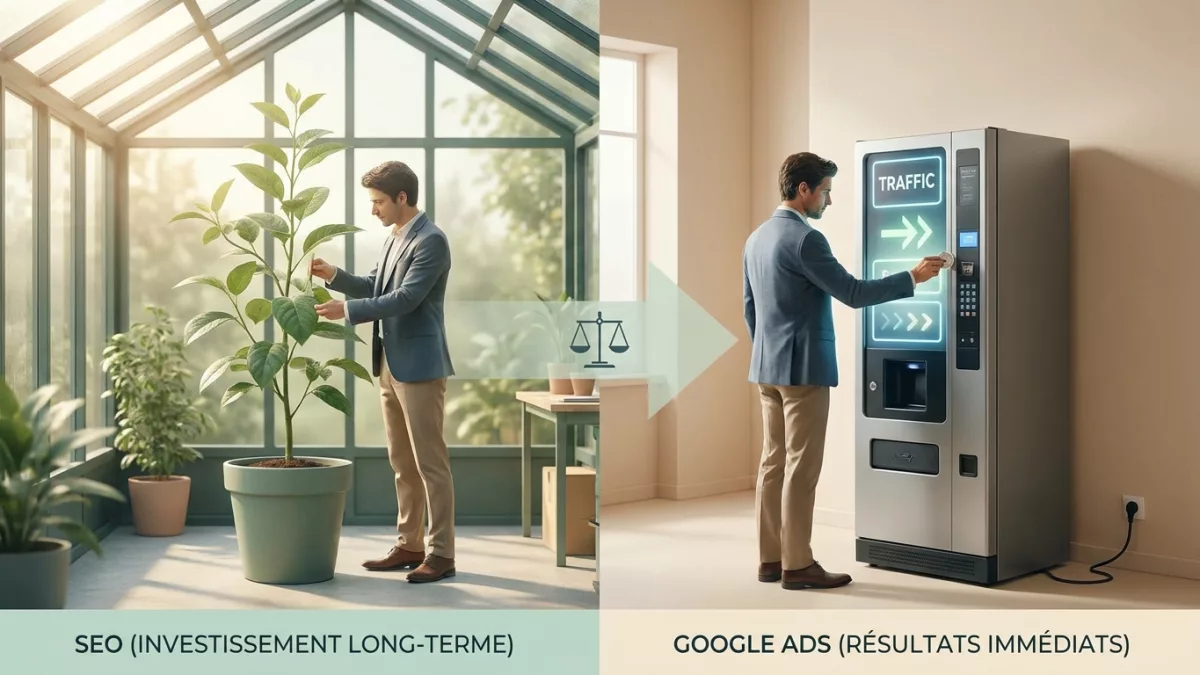 Graphique comparant la croissance durable du trafic SEO face au pic éphémère de Google Ads.