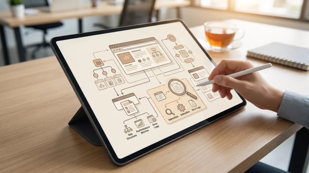 Graphique détaillant les éléments d'un audit technique SEO comme la structure du site et la vitesse de chargement.