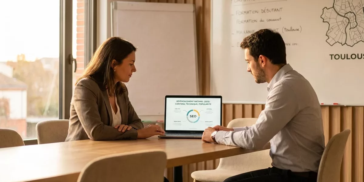Formation SEO Débutant Toulouse : Par Où Commencer ? – Image à la une Écran d'ordinateur affichant les trois piliers du SEO lors d'une formation pour débutants à Toulouse.
