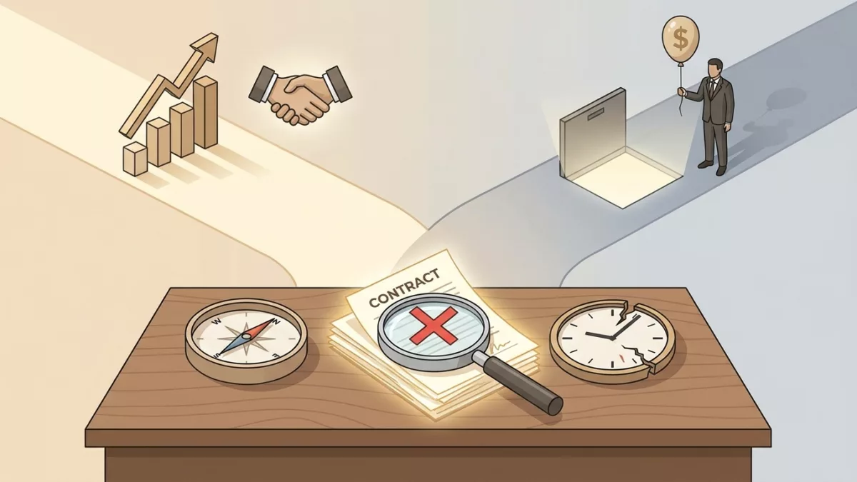 Homme d'affaires analysant un contrat SEO suspect avec une loupe pour déjouer les fausses promesses des agences.