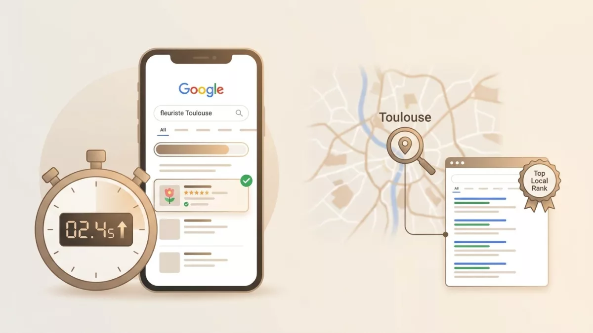 Un smartphone affichant le chargement ultra-rapide d'un site web pour un commerce local toulousain.