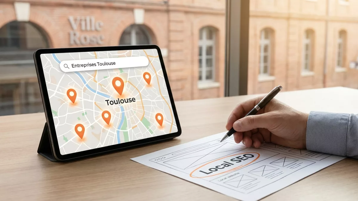 Un expert SEO analyse les résultats du référencement local sur une carte de Toulouse après une refonte.