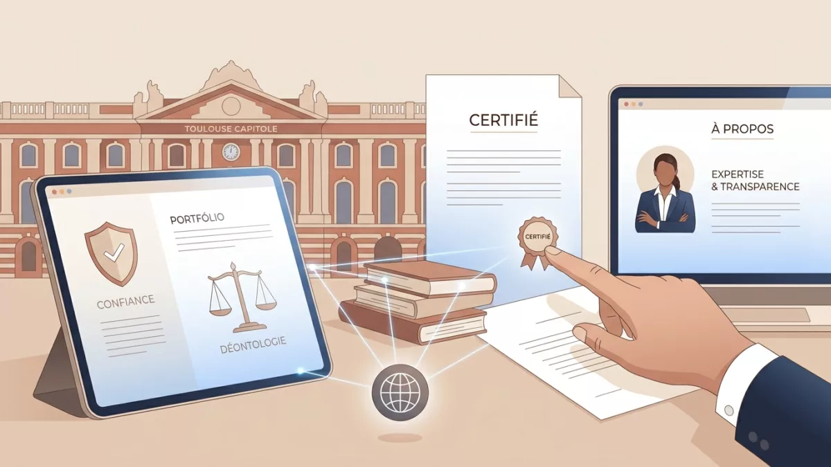 Interface d'un portfolio en ligne pour un avocat à Toulouse respectant la déontologie.
