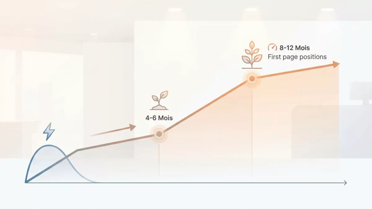 Graphique illustrant la croissance du trafic organique sur douze mois et le retour sur investissement du SEO.